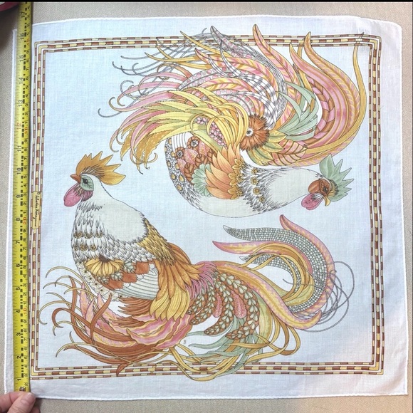 Vintage Italian Salvatore Ferragamo Scarf With 2 Colorful Roosters, 16.5”x17.5” - Picture 10 of 10